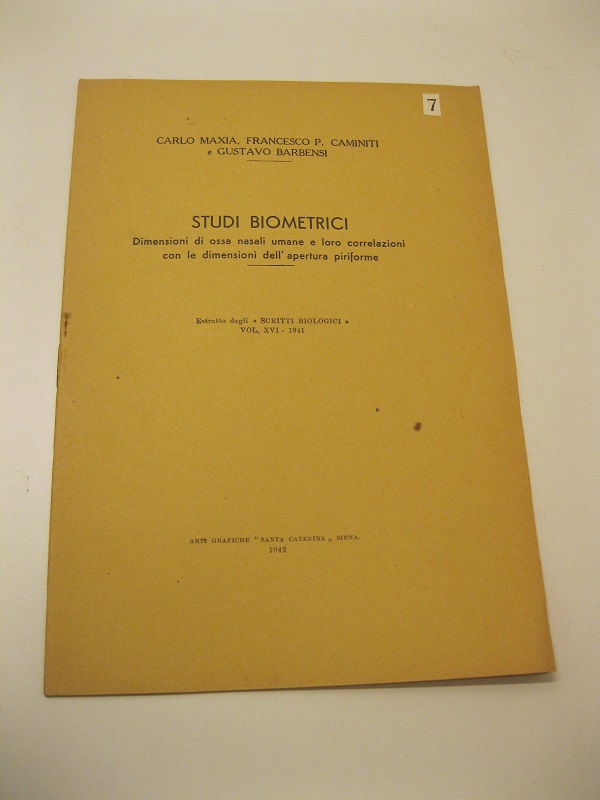 Studi biometrici.   Dimensioni di ossa nasali umane e loro correlazioni con le dimensioni dell'apertura piriforme.  Estratto dagli 'Scritti biologici'. Vol. XVI - 1941